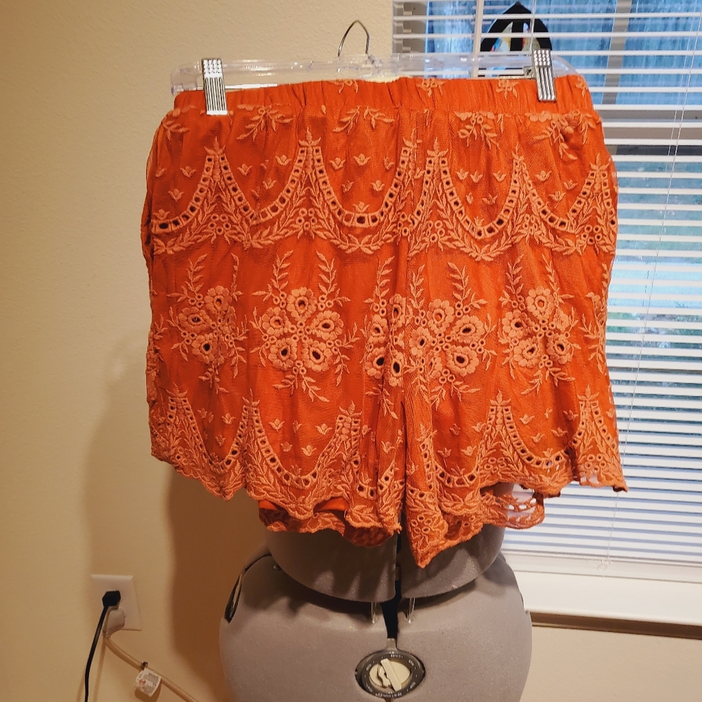 Orange Embroidered Shorts